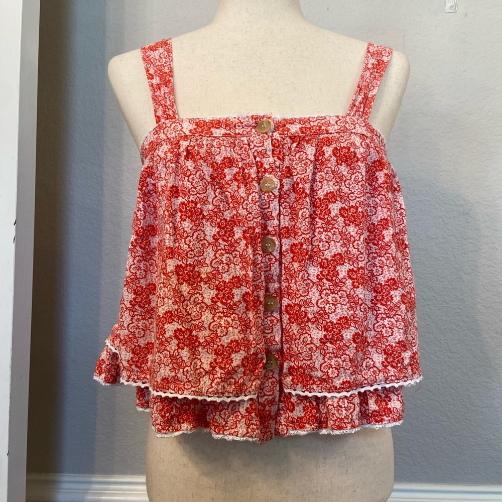 Altar’d State Crop Top Red Ditsy Floral Button Up Tiered Babydoll Lace Small